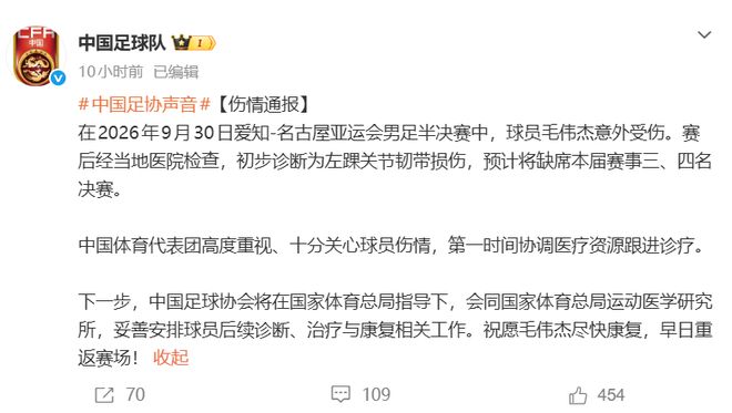 足协深夜发布：毛伟杰初步诊断为左踝关节韧带损伤，无缘亚运会季军战 | 中国区|球友会|股份有限公司